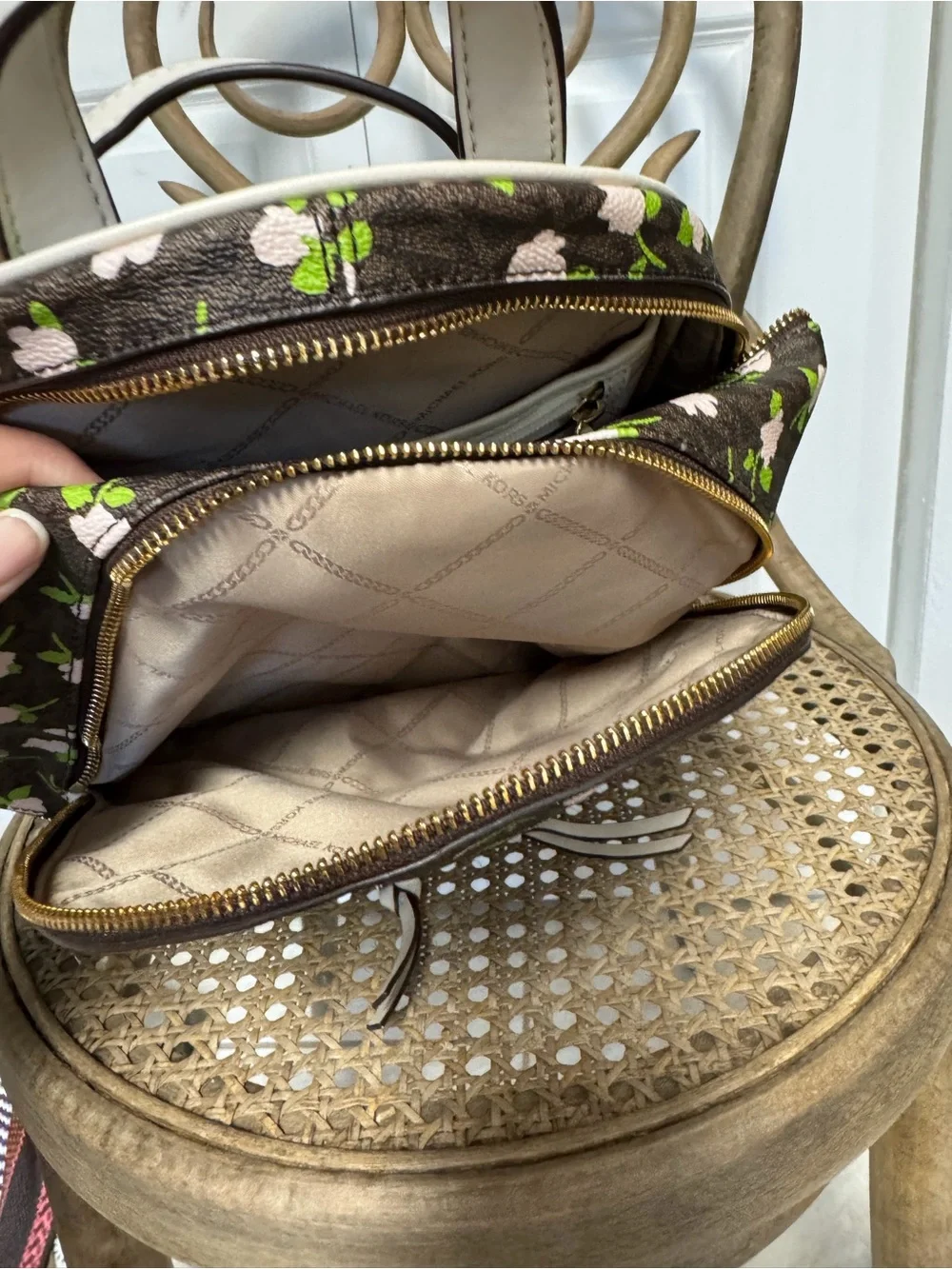Michael Kors Brown Floral Mini Backpack with Pink Flowers & Green Leaves